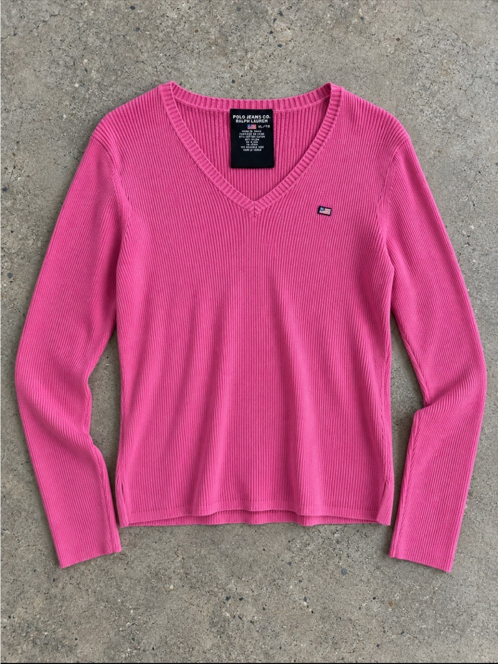 Y2K Polo Jeans Ralph Lauren Pink Ribbed V Neck Sweater Shirt XL Streetwear